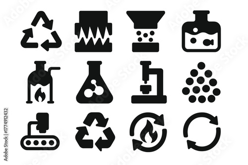 Recycling Process Icons. Solid style icons of recycling methods: sorting arrows, shredding blades, pellet extruder, wash tank,