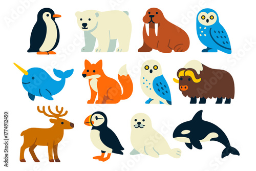 Polar Wildlife Icons. Flat vector icons of polar wildlife: penguin, polar bear, walrus, narwhal, arctic fox, snowy owl, beluga