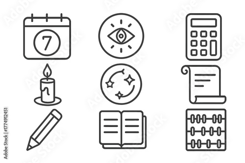Numerology Icon Set. Line style icons of Personal Numerology: Birth Date, Core Number, Mystic Insight, Arithmetic; Candle, Star
