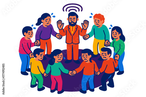 Group Healing Ritual. Isometric vector illustration set Group Healing Experiments: Circle of linked patients, mesmerist in center,