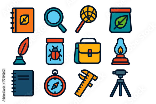Naturalist Tools Icons. Flat vector icons of Naturalist Tools: sketchbook, magnifier, field net, sample bag, ink quill, specimen
