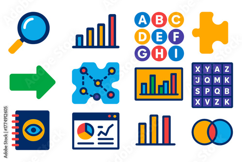 Cryptanalysis Icon Set. Flat vector icons of cryptanalysis and pattern recognition: magnifying glass, frequency chart, letter