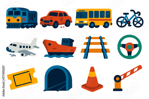 Abandoned Transport Icons. Flat vector icons of Abandoned Transport: derelict train, rusted car, empty bus, broken bicycle,