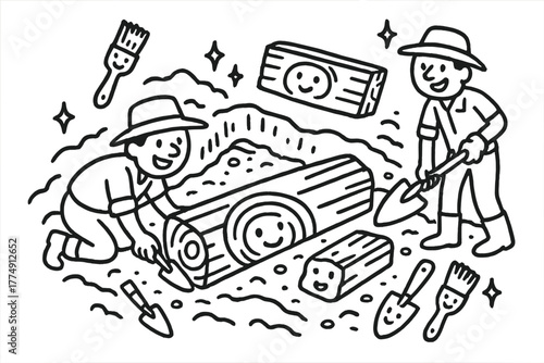 Playful Archaeological Excavation. Playful doodle archaeological timber excavation with happy workers, cartoon beams with smiling