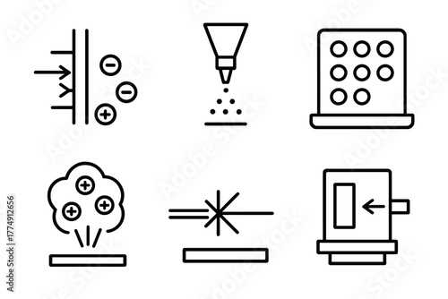 Ionization Techniques Icons. Line style icons of Ionization Techniques: electron impact, electrospray nozzle, MALDI plate, ion