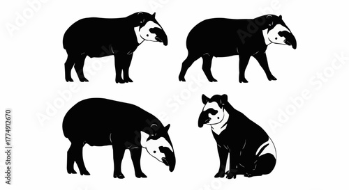 Minimal tapir silhouette set featuring standing and walking rainforest poses isolated on white background for modern wildlife design use