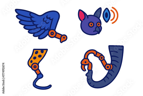 Biomechanical Adaptations Icons. Isometric vector illustration set Biomechanical Adaptations: Owl wing silencer, bat echolocation