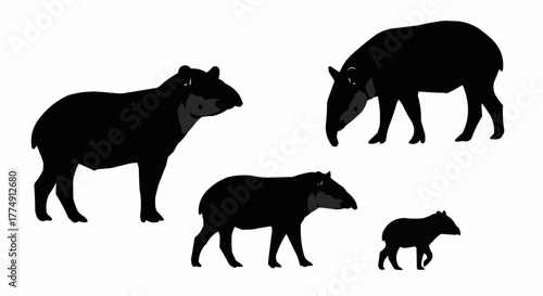 Minimal tapir silhouette set featuring standing and walking rainforest poses isolated on white background for modern wildlife design use