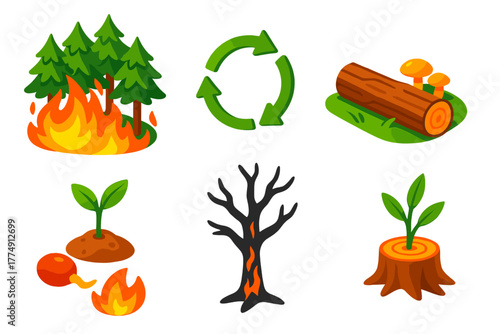 Natural Fire Ecosystem. Isometric vector illustration set Role of Natural Fires: burning pine forest, nutrient recycling arrows,