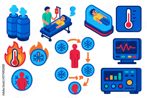 Isometric Cryonics Tools. Isometric vector illustration set Cryonics protocol: long-term cryogenic tanks, patient stabilization
