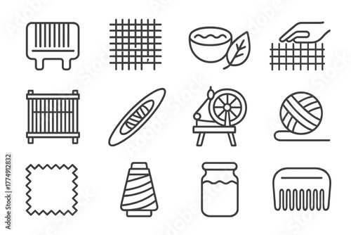 Weaving Art Icons. Line style icons of Weaving Art: Reed, Textile Pattern, Natural Dye, Hand Technique; Loom Frame, Shuttle,