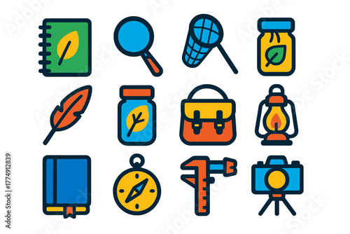 Naturalist Tools Icons. Flat vector icons of Naturalist Tools: sketchbook, magnifier, field net, sample bag, ink quill, specimen