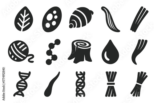 Natural Polymers Icons. Solid style icons of natural polymers: cellulose fiber, starch granule, chitin shell, silk thread, wool