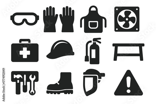 Studio Safety Icons. Solid style icons of studio safety and equipment: protective goggles, heat-resistant gloves, leather apron,
