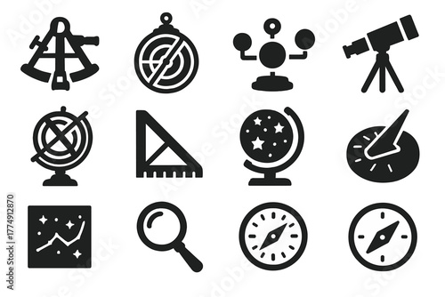 Astronomical Instruments Icons. Solid style icons of Astronomical Instruments: Sextant, Astrolabe, Orrery, Telescope, Armillary