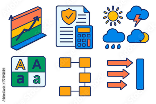 Colorful Probability Diagrams. Isometric vector illustration set Applied Probability: risk analysis chart, insurance calculation