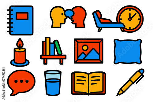 Dream Therapy Icons. Flat vector icons of Dream Therapy Sessions: notebook, talking heads, therapist couch, clock, candle flame,
