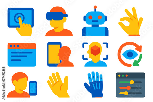 Human-Tech Interaction Icons. Flat vector icons of human-technology interaction: touchscreen, VR headset, wearable device, gesture