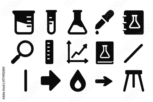 Laboratory Tools Icons. Solid style icons of laboratory and experimental tools: beaker, test tube, flask, pipette, magnifying