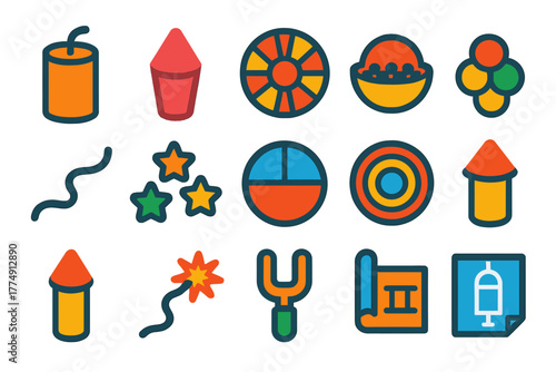 Firework Construction Icons. Flat vector icons of firework shell construction: cylindrical shell, clay plug, bursting charge, lift
