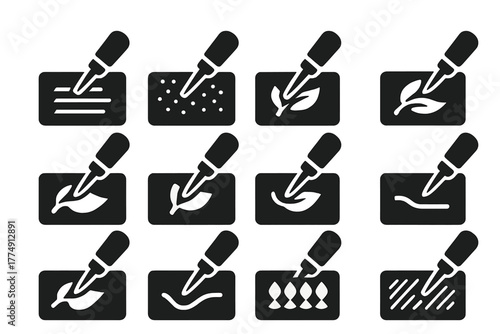 Engraving Techniques Icons. Solid style icons of Engraving techniques: line etch, stippling, crosshatch, relief carving, intaglio,