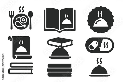 Culinary Story Icons. Solid style icons of edible storytelling archives: meal scene icon, flavor + tale book, dish caption badge.