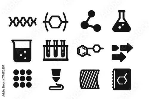 Polymer Chemistry Icons. Solid style icons of polymer chemistry: polymer chain, repeating unit diagram, molecular bond, chemical