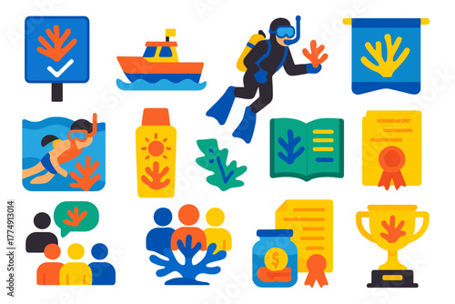 Coral Conservation Icons. Flat vector icons of coral reef conservation: marine protected area sign, reef patrol boat, conservation