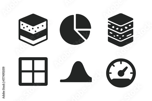 Culinary Icon Design. Solid style icons of culinary composition: layered cube view, taste section diagram, structural grid.