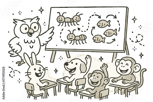 Animal Classroom Fun. Whimsical doodle animal decision-making classroom with happy students, cartoon diagrams of ants, fish, and