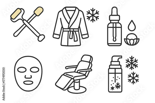 Luxury Cryo Facial Icons. Line style icons of luxury cryo facials: gold-tipped roller tool, spa robe and snow icon, chilled pearl