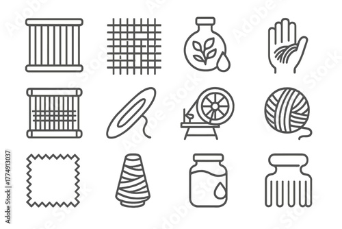 Weaving Art Icons. Line style icons of Weaving Art: Reed, Textile Pattern, Natural Dye, Hand Technique; Loom Frame, Shuttle,
