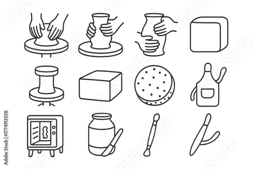 Ceramic Art Tools Icons. Line style icons of Ceramic Art: Centering Clay, Pulling Wall, Forming, Rib Tool; Potter’s Wheel, Clay