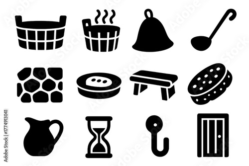 Antique Bathhouse Icons. Solid style icons of Antique Bathhouse: Wooden Tub, Steam Bucket, Sauna Hat, Ladle, Stone Floor, Soap