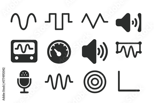 Analog Sound Wave Icons. Solid style icons of Analog Sound Waves: Sine Wave, Square Wave, Triangle Wave, Sawtooth Wave,