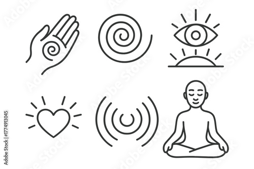 Psychedelic Therapy Icons. Line style icons of psychedelic therapy: healing, breakthrough, guided journey, integration; open hand,