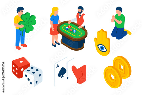 Sociology of Luck. Isometric vector illustration set Sociology of luck: people using lucky charms, gambling tables, ritual