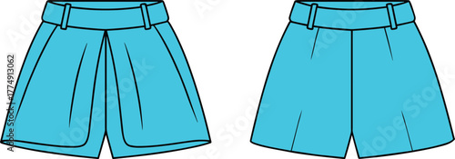 Blue shorts illustration, pleated and straight cut, fashion design comparison, garment construction, summer wear, clothing style, vector art, apparel mockup
