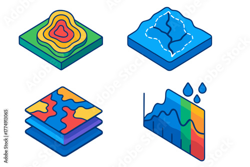 Flood Analysis Tools. Isometric vector illustration set Floodplain Analysis Tools: Elevation contour model, watershed boundary