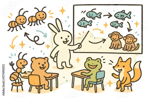 Animal Classroom Fun. Whimsical doodle animal decision-making classroom with happy students, cartoon diagrams of ants, fish, and