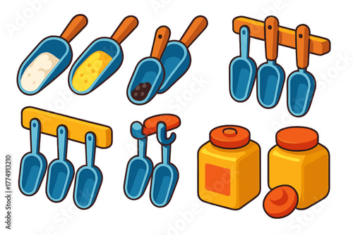 Colorful Baking Tools. Isometric vector illustration set Baking tools – flour scoop, sugar scoop, spice scoop; scoop set, scoop