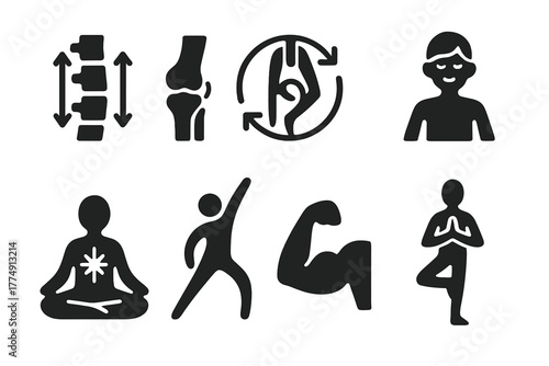 Gravity Yoga Benefits Icons. Solid style icons of benefits of gravity yoga: spinal decompression symbol, joint relief badge,