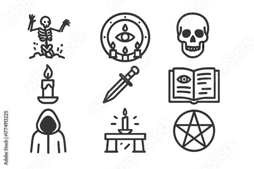 Occult Ritual Icons. Line style icons of Dark Occult: Raising the Dead, Ritual Circle, Skull, Secret Knowledge; Candle, Dagger,
