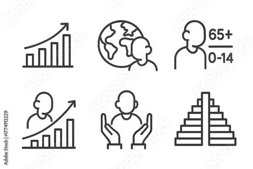 Aging Population Icons. Line style icons of aging population trends: increasing age bar chart, global elderly distribution map,