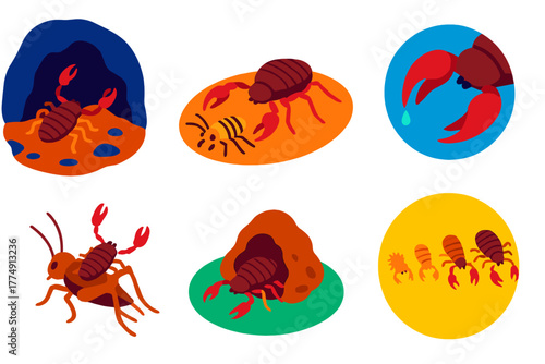 Pseudoscorpions Adventure Icons. Isometric vector illustration set Pseudoscorpions: cave microfauna, pseudoscorpion hunting,