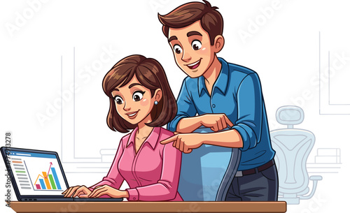 Business teamwork, office collaboration, coworkers discussing data, laptop chart, professional meeting, workplace success, growth strategy, smiling colleagues, productivity, analytics