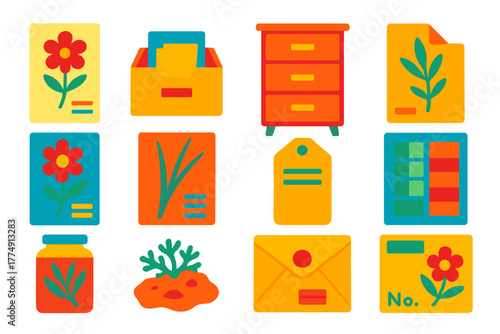 Botanical Icon Set. Flat vector icons of Botanical Collections: specimen sheet, catalog drawer, wooden cabinet, archival folder,