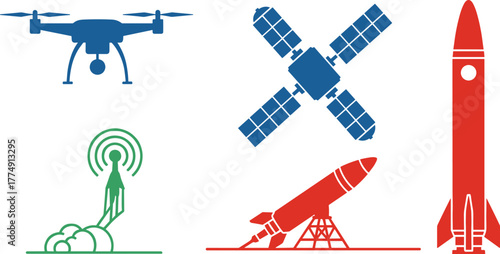 Drone, satellite, rocket, and communication vector illustration, aerospace and signal technology icons, space exploration and defense tools for digital content