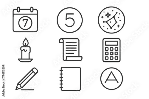 Numerology Icon Set. Line style icons of Personal Numerology: Birth Date, Core Number, Mystic Insight, Arithmetic; Candle, Star