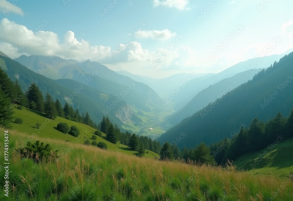 Obraz premium Soft Mountain Foothills Embraced by Soft Greenery and Gentle Slopes in Mountain Base